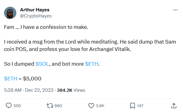 BitMEX Founder Swaps SOL for ETH After ‘Spiritual Revelation’ BitMEX Founder Swaps SOL for ETH After ‘Spiritual Revelation’