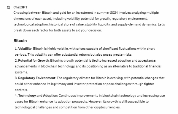 Bitcoin or Gold? We asked ChatGPT which asset is a better buy for summer 2024 Bitcoin or Gold? We asked ChatGPT which asset is a better buy for summer 2024