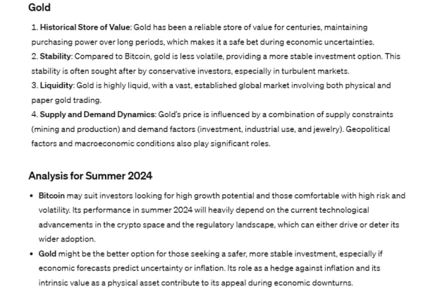 Bitcoin or Gold? We asked ChatGPT which asset is a better buy for summer 2024 Bitcoin or Gold? We asked ChatGPT which asset is a better buy for summer 2024